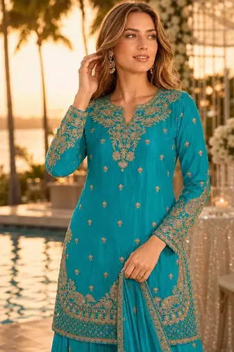 Blue chinon semi stitched suit with embroidery & beats work