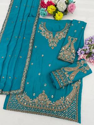 Blue chinon semi stitched suit with embroidery & beats work 3
