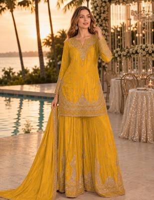 Yellow chinon semi stitched suit with embroidery & beats work 1