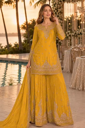 Yellow chinon semi stitched suit with embroidery & beats work