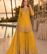 Yellow chinon semi stitched suit with embroidery & beats work