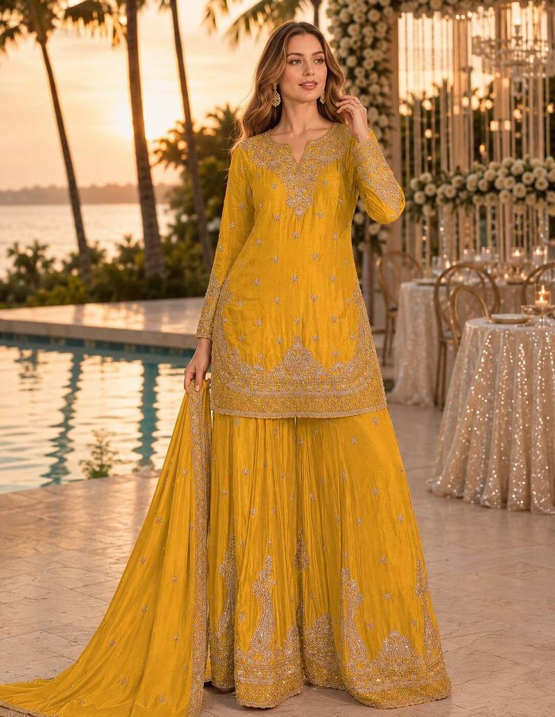 Yellow chinon semi stitched suit with embroidery & beats work