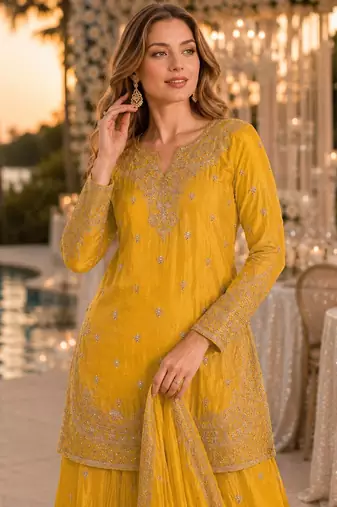 Yellow chinon semi stitched suit with embroidery & beats work