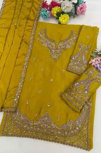 Yellow chinon semi stitched suit with embroidery & beats work