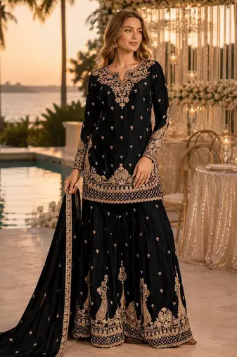 Black chinon semi stitched suit with embroidery & beats work