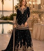 Black chinon semi stitched suit with embroidery & beats work
