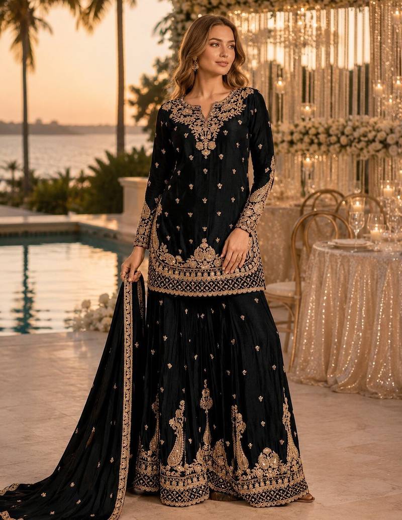 Black chinon semi stitched suit with embroidery & beats work