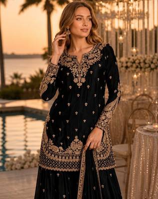 Black chinon semi stitched suit with embroidery & beats work 2
