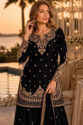 Black chinon semi stitched suit with embroidery & beats work