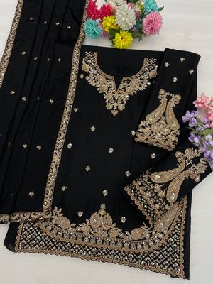 Black chinon semi stitched suit with embroidery & beats work 3
