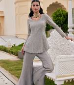 Silver grey embroidered tissue tunic sharara set