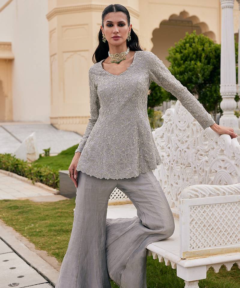 Silver grey embroidered tissue tunic sharara set