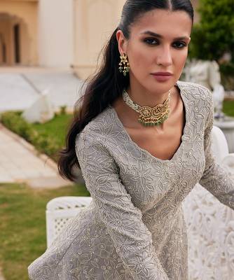 Silver grey embroidered tissue tunic sharara set 2