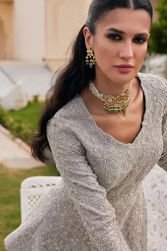 Silver grey embroidered tissue tunic sharara set