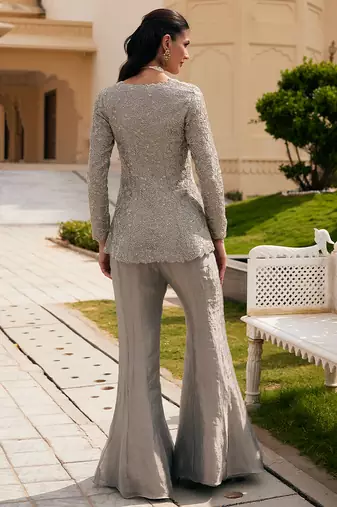 Silver grey embroidered tissue tunic sharara set