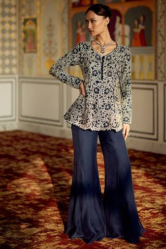 Prussian navy blue embroidered organza sharara set