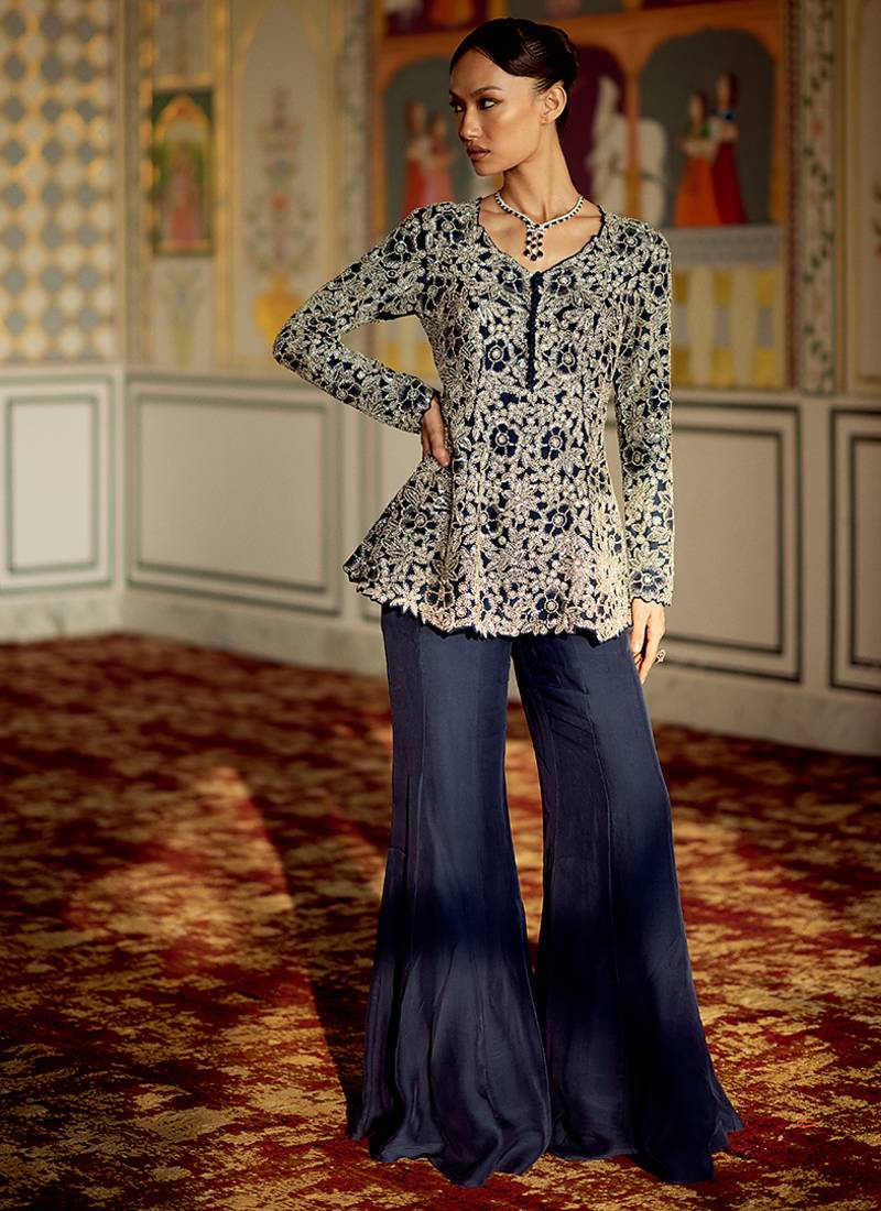 Prussian navy blue embroidered organza sharara set
