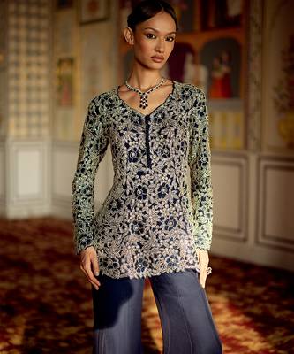 Prussian navy blue embroidered organza sharara set 2