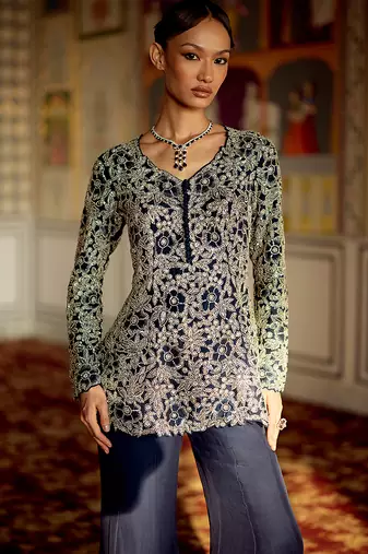 Prussian navy blue embroidered organza sharara set