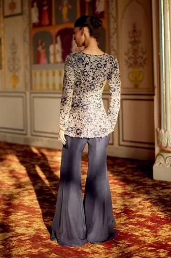 Prussian navy blue embroidered organza sharara set