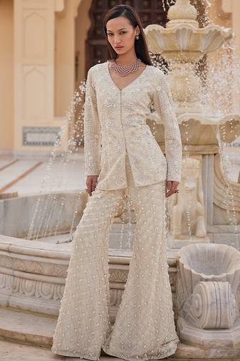 Ivory embroidered organza sharara set