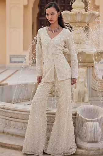 Ivory embroidered organza sharara set