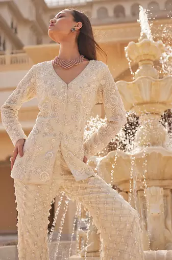 Ivory embroidered organza sharara set