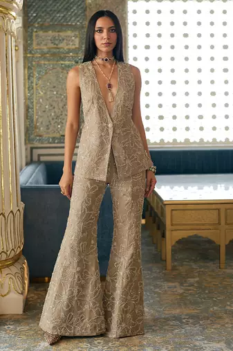 Antique gold embroidered organza jacket flared pant set