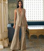 Antique gold embroidered organza jacket flared pant set