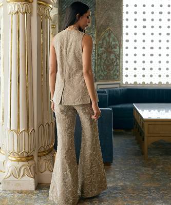Antique gold embroidered organza jacket flared pant set 2