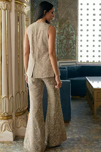 Antique gold embroidered organza jacket flared pant set