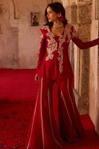 Crimson red embroidered cupro silk peplum jacket set