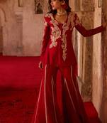 Crimson red embroidered cupro silk peplum jacket set