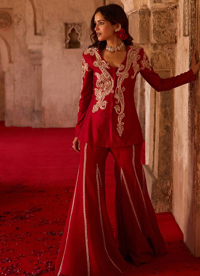 Crimson red embroidered cupro silk peplum jacket set