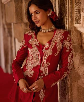 Crimson red embroidered cupro silk peplum jacket set 2