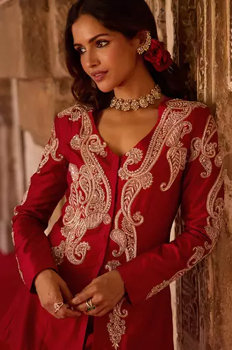 Crimson red embroidered cupro silk peplum jacket set