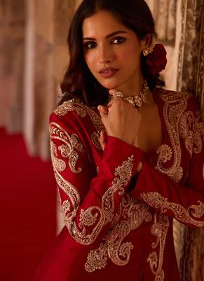Crimson red embroidered cupro silk peplum jacket set 3