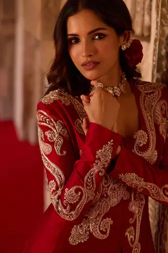 Crimson red embroidered cupro silk peplum jacket set