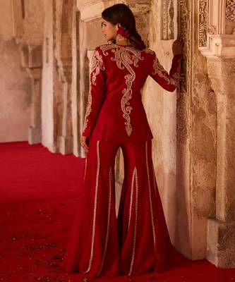 Crimson red embroidered cupro silk peplum jacket set 4