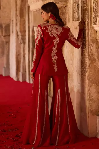 Crimson red embroidered cupro silk peplum jacket set