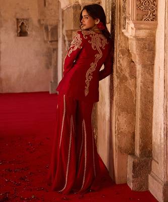 Crimson red embroidered cupro silk peplum jacket set 5