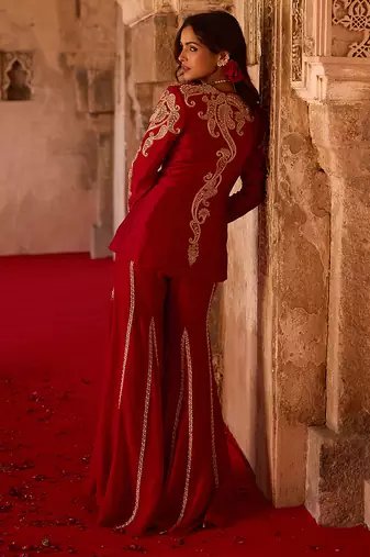 Crimson red embroidered cupro silk peplum jacket set
