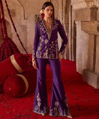 Royal purple embroidered cupro silk jacket palazzo set 1