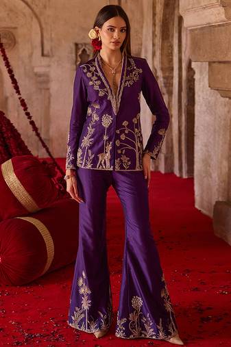 Royal purple embroidered cupro silk jacket palazzo set