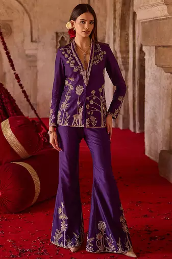 Royal purple embroidered cupro silk jacket palazzo set