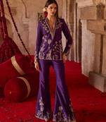 Royal purple embroidered cupro silk jacket palazzo set