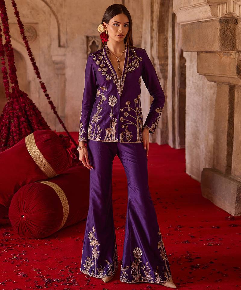 Royal purple embroidered cupro silk jacket palazzo set