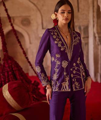 Royal purple embroidered cupro silk jacket palazzo set 2