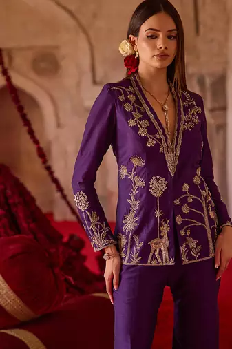 Royal purple embroidered cupro silk jacket palazzo set