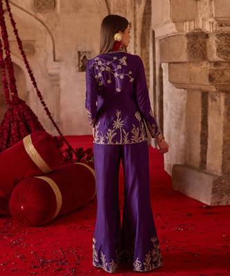 Royal purple embroidered cupro silk jacket palazzo set 3